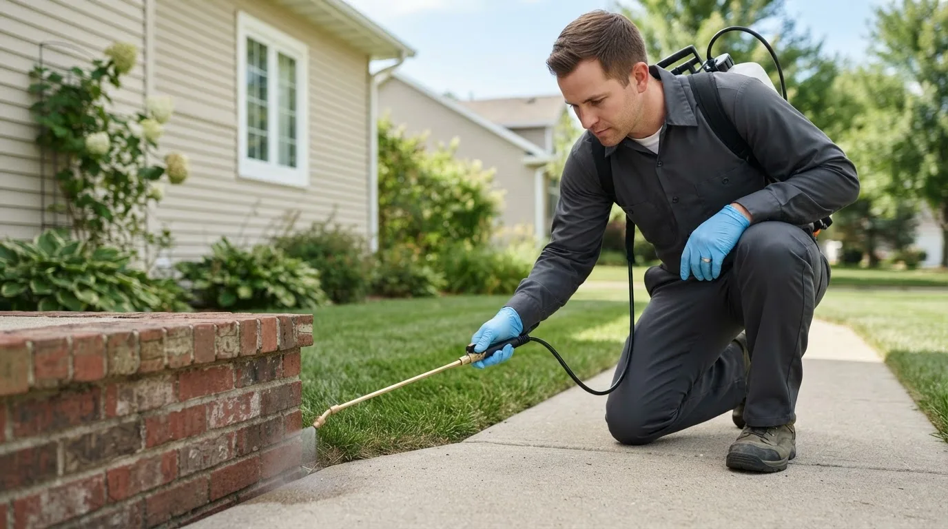 Pest control technician treating a home near Badger, CA