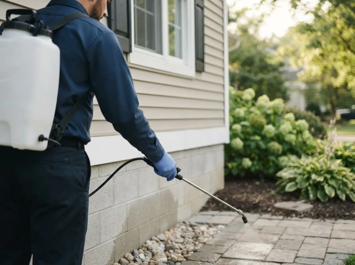 Pest control technician inspecting a home in Badger, CA